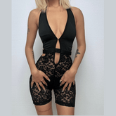 Halter v neck hollow out lace self tie romper