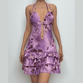 Deep v neck halter flower print ruffle mini dress