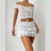 Off shoulder ruched lace short sleeve mini skirt set