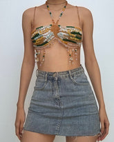 Halter beaded hollow out backless tassels cut out top