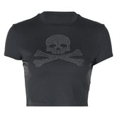 Short sleeve crewneck beaded skull pattern top