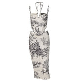 Self tie halter print ruched cami midi skirt set