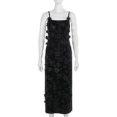 U neck velvet flower pattern slit maxi dress