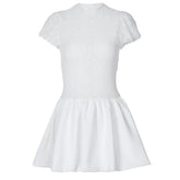 Ruched zip-up crewneck cap sleeve mini dress