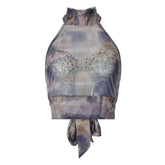 Halter beaded mesh self tie print backless top