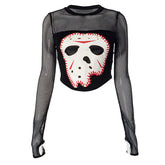 Long sleeve crewneck fishnet hole head pattern top