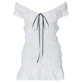 Ruched ribbon off shoulder v neck mini dress