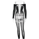 Off shoulder long sleeve beaded hollow out jumpsuit