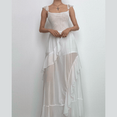 Ruched ruffle square neck sheer mesh cami maxi dress