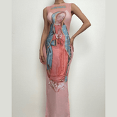 Sheer mesh see through sleeveless abstract contrast maxi dress-final-sale