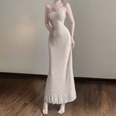 Halter self tie flower applique solid maxi dress