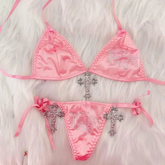 Halter cross applique self tie short pant set