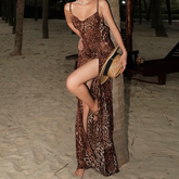 Leopard print slit v neck cami maxi dress