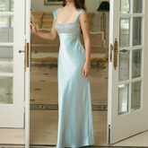 Square neck beaded satin maxi dress