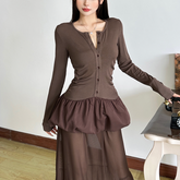 Long sleeve button round neck ruched mini dress