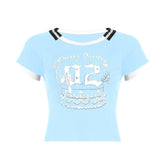 Short sleeve letter print contrast stitch top