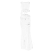 Crewneck hollow out lace ruched see through cut out maxi dress