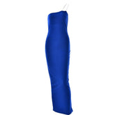 Metal chain one shoulder solid slit maxi dress-final-sale