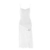 V neck ruched irregular lace spaghetti strap midi dress