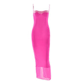 Lace hem patchwork mesh slit cami midi dress