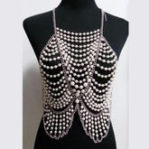 Metal chain beaded hollow out u neck backless cut out top