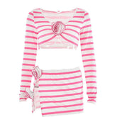 Striped flower applique long sleeve contrast slit mini skirt set-final-sale