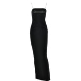 Metal chain square neck slit solid knotted maxi dress-final-sale