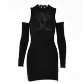 Long sleeve solid off shoulder crochet hollow out cut out mini dress - Final Sale