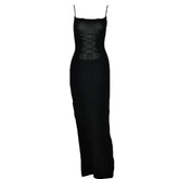Lace up square neck slit solid backless cami maxi dress-final-sale