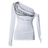 Irregular long sleeve chain print one shoulder top