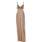 Ruched solid o ring v neck satin hollow out cami jumpsuit-final-sale
