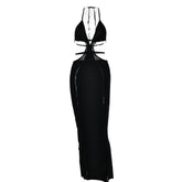 Hollow out self tie halter backless solid cut out maxi dress-final-sale