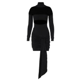 High neck long sleeve ruched hollow out cut out mini dress