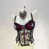 V neck bowknot spider applique cross pattern cami top