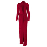 Long sleeve hollow out high slit ruched cut out maxi dress