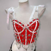 Ribbon self tie v neck hollow out metal chain o ring cut out top