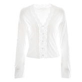 Long sleeve deep V neck lace hem hollow out cut out top