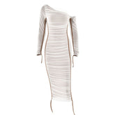 Long sleeve one shoulder ruched stitch mesh midi dress-final-sale