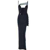 Irregular high slit ruched mesh hollow out cami cut out maxi dress