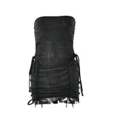 Drawstring textured backless solid bodysuit mini skirt set-final-sale