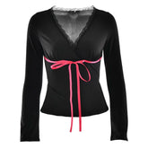 Lace hem long sleeve v neck ribbon ruched top