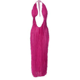 Textured ruffle solid halter self tie v neck backless maxi dress-final-sale