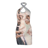 Halter ruched hollow out print backless cut out mini dress