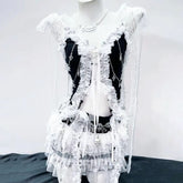 Lace hem self tie bowknot skull applique top