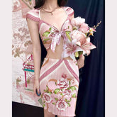 Bowknot ruffle ruched contrast flower print top