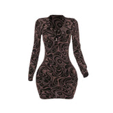 Long sleeve v neck hollow out ripple print cut out mini dress