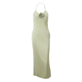 Flower applique zip-up halter ruched slit solid midi dress-final-sale