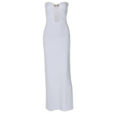 Sweetheart neck shell metal tag button hollow out tube cut out maxi dress