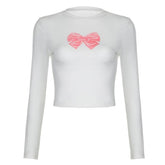 Bowknot pattern contrast long sleeve crewneck top-final-sale