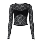 Long sleeve lace see through crewneck ruched top